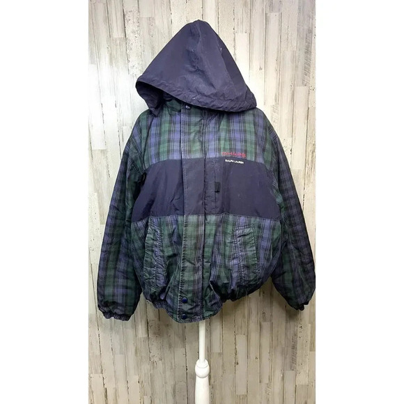 Chaps Ralph Lauren Men's Green Plaid Down Puffer Jacket Large Hooded Winter Coat - Picture 1 of 7